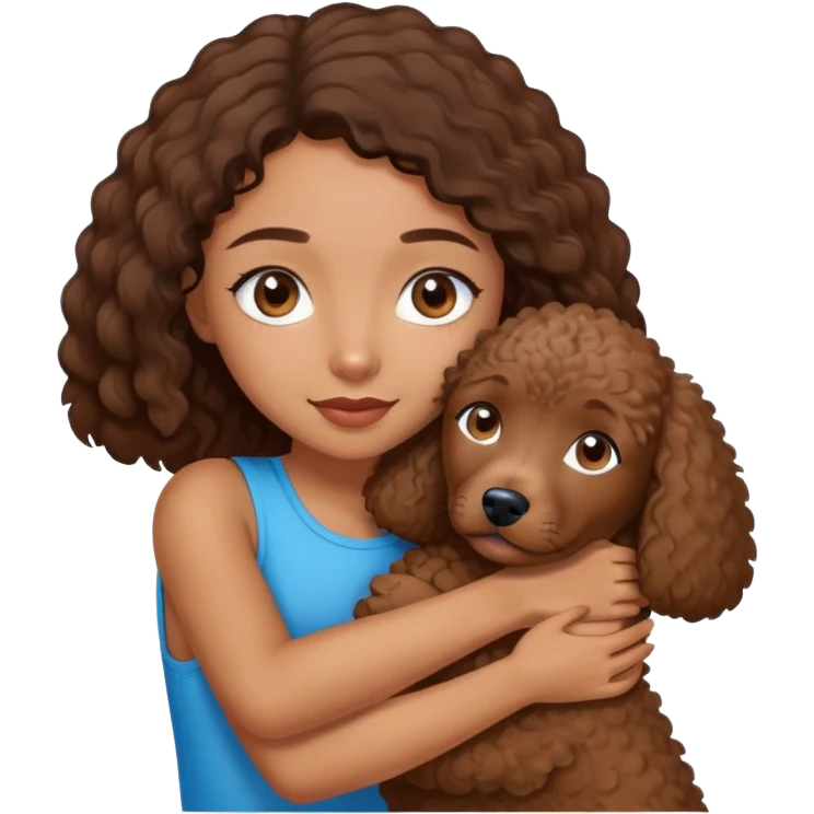 A brown girl with blue eyes hugging her little Brown Spanish water dog  emoji