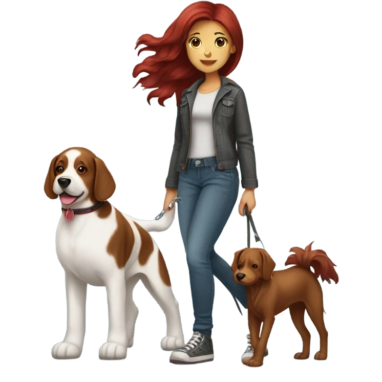Dark red hair girl wearing  jeans  walking  large breed  dog  emoji