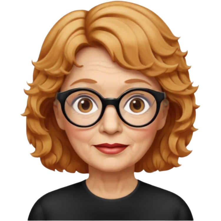 woman 70 years old, very short strawberry blonde weavy hair, brown eyes and round dark glasses emoji