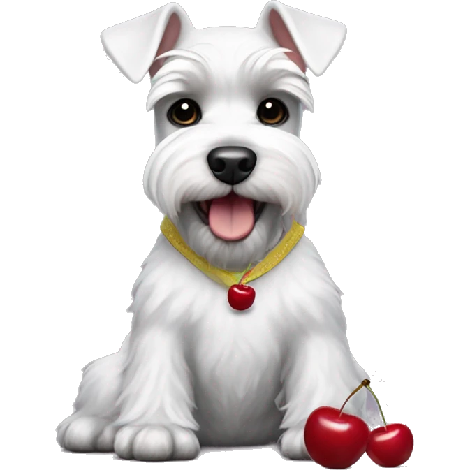 White fun mini schnauzer in pants with cherries emoji