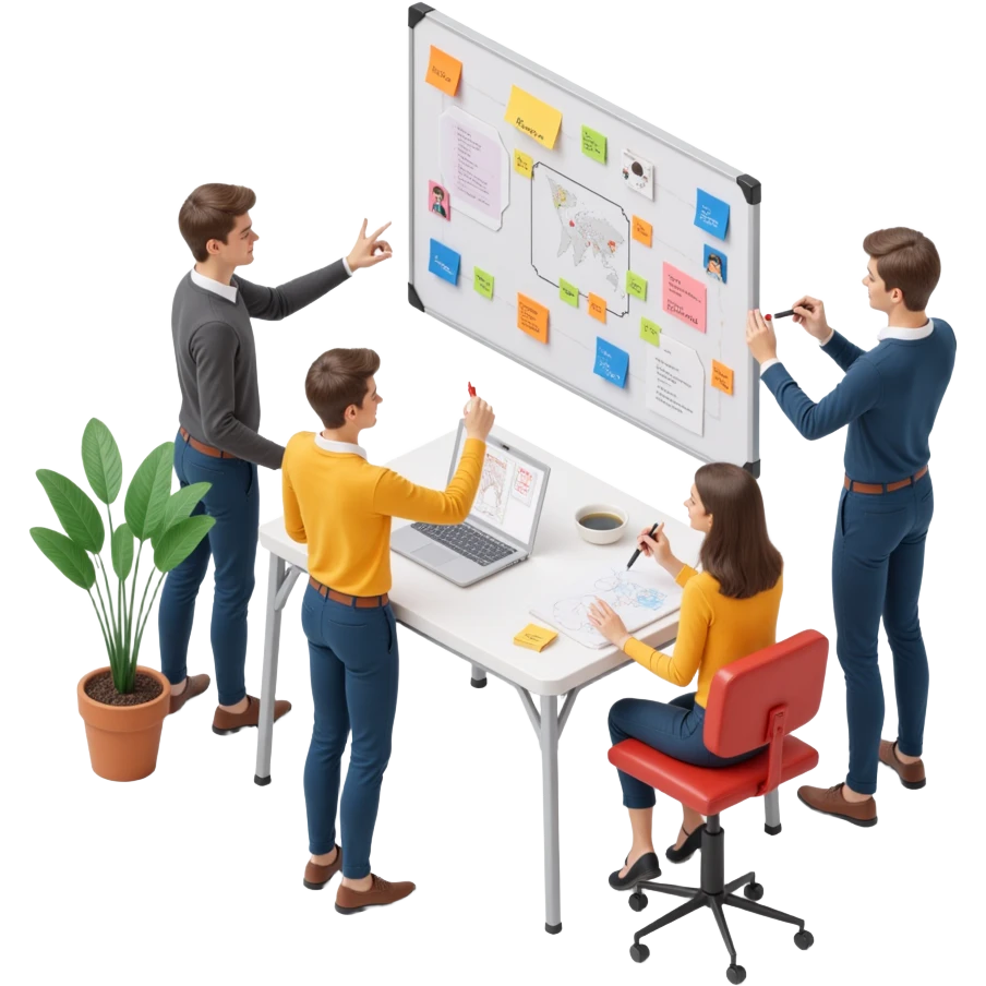 a diverse team sketching ideas on a whiteboard full of sticky notes, skeuomorphism style emoji