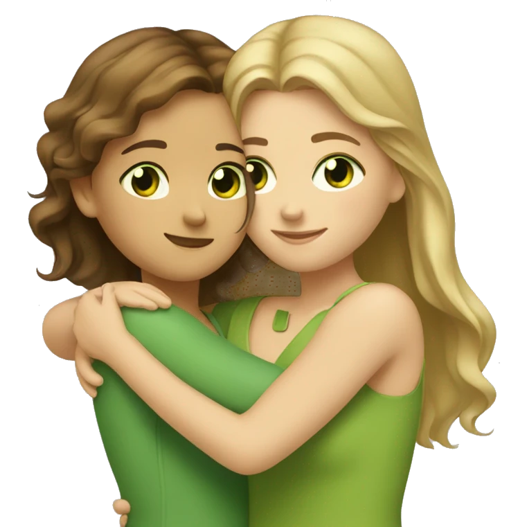 Two girls hugging: one has brown hair and brown eyes, and the other is blonde with green eyes. emoji