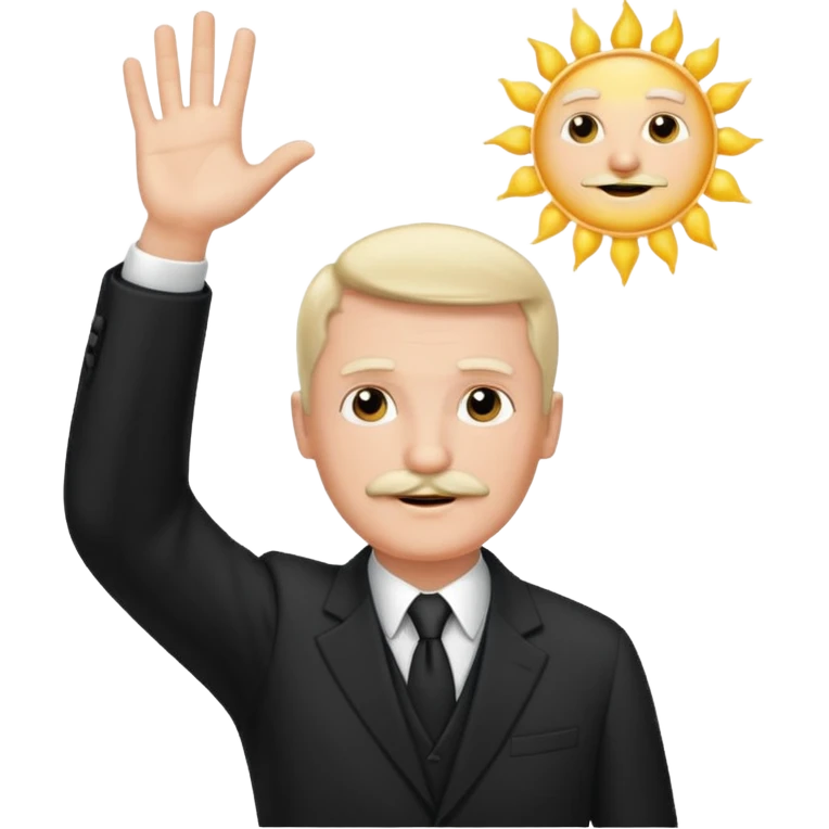 Adolf h , wearing suit and mustache short like charlie chaplin. Raising his hand to sun emoji