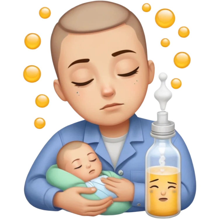 Hair: Buzzcut with baby photo sticker on temple Face: Sleep-deprived squint, formula powder residue Clothes: Stained button-up with mismatched socks Action: Bottle-warming while debugging code emoji