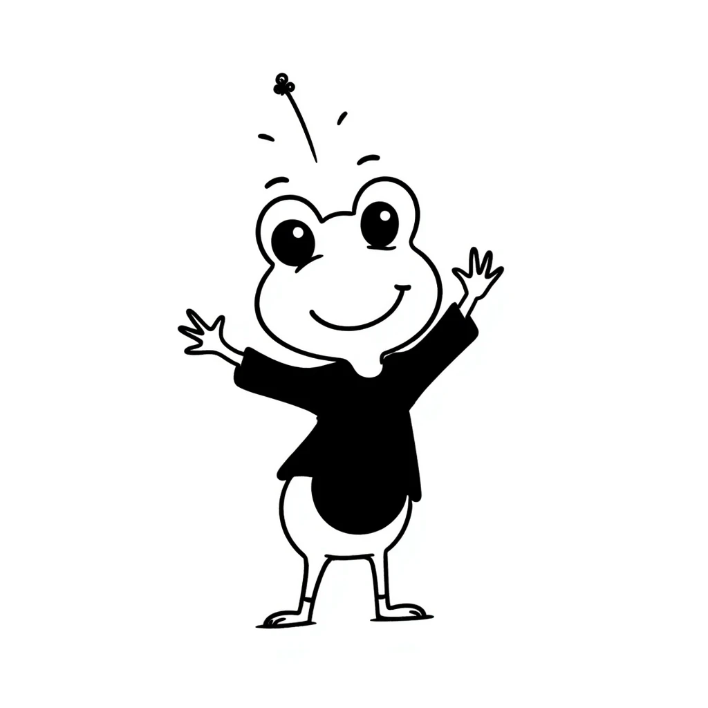 playful pose of Sofia Froge frog character in hand-drawn doodle style emoji