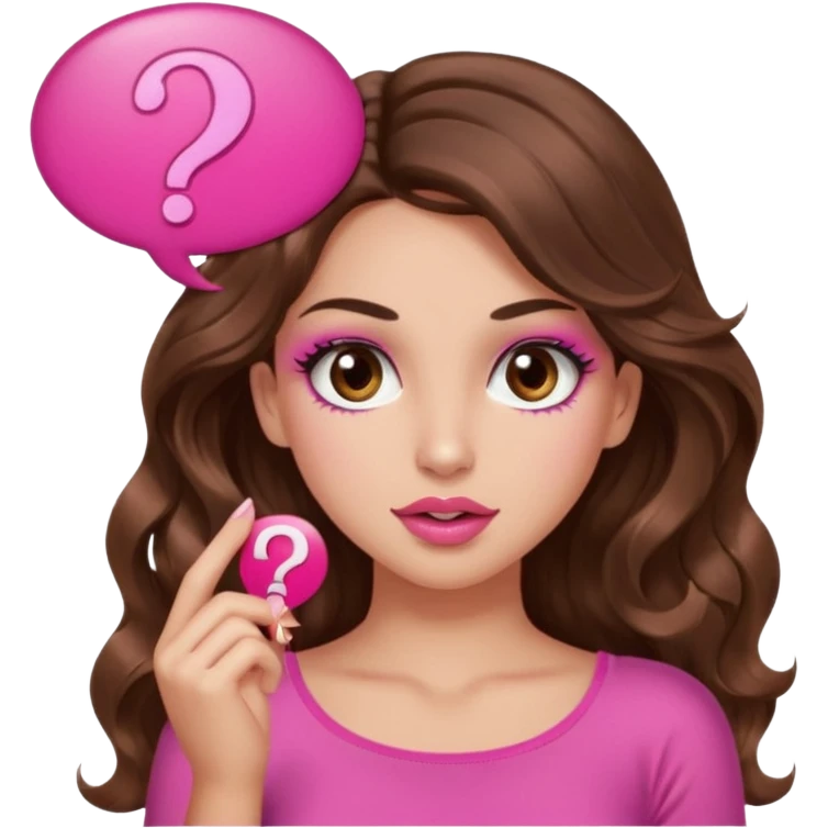 girl with long wavy brown hair, brown eyes, long lashes makeup, sexy pink lips, light to medium complexion, wearing a pink sexy top, shugging, question mark one speech bubble emoji
