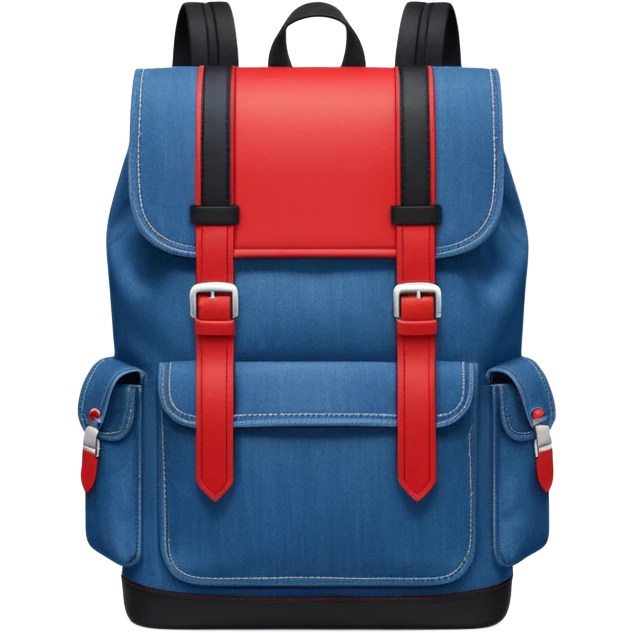 Minimalist emoji-style icon of a stylish blue denim backpack with a flap top, two vertical black buckle straps, a large red-white-navy horizontal block in the center, and two zipper side pockets. Inspired by Tommy Jeans design. Front view, cartoon-like, clean design.

 emoji