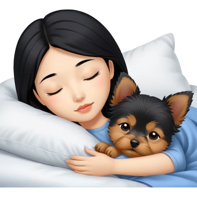 pretty asian girl with black hair sleeping in bed with small yorkshire terrier emoji