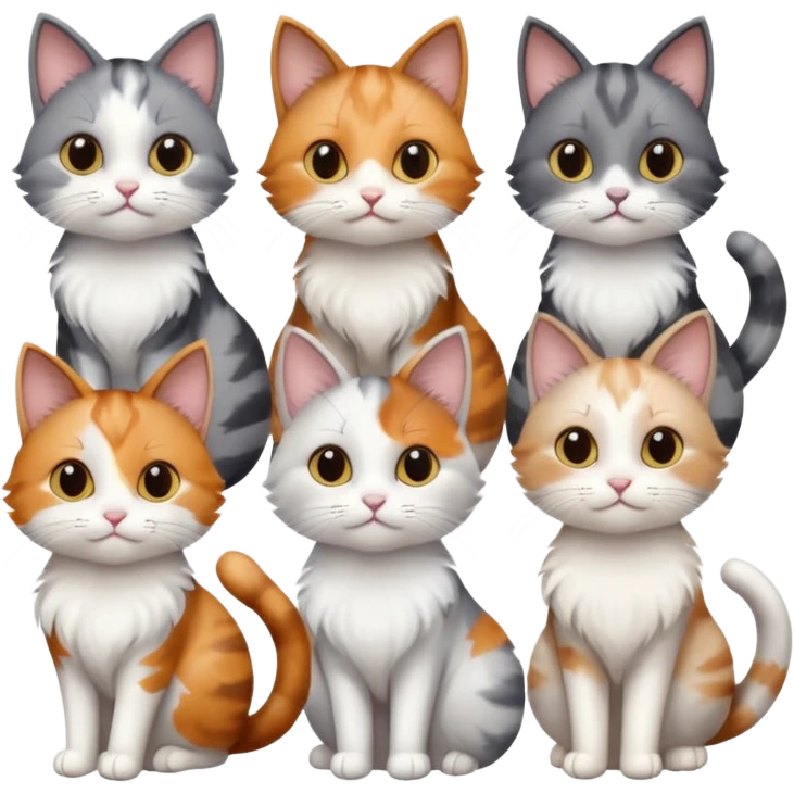 6 realistic looking cats with different natural coloured coats, assorted grey and white, greys, calico, brown and white colours etc
 emoji