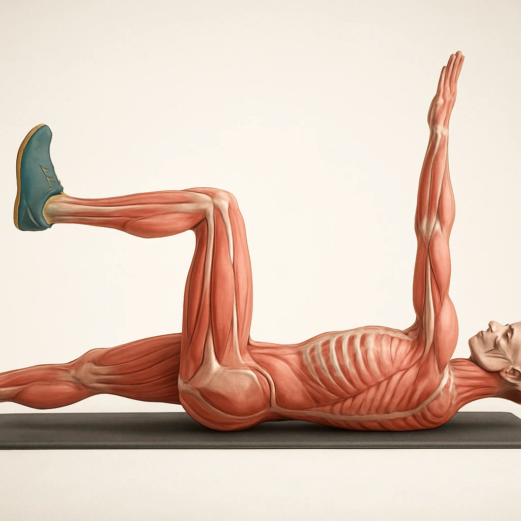 Anatomically hyperrealistic 4K side view of a man in dead bug position with the arm on the ground fully extended above the head, straight, showing pelvis and spine bones, translucent muscles and skin, medical atmosphere, realistic anatomical details. Variant 4, slightly change the position of the arms. emoji