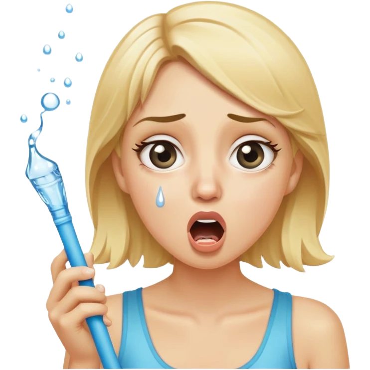 blond woman with wide eyes, holding a skin-colored stick, water squirting from the stick into her mouth, shocked face emoji
