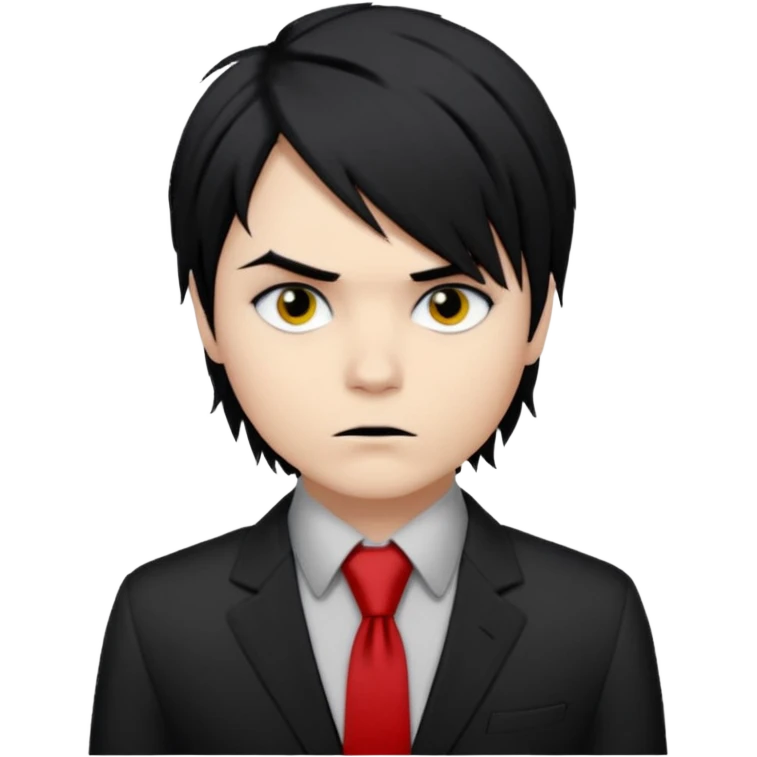 Gerard Way (Revenge Era)
Round, simplified emoji style
Pale skin tone dark eyes
Jet-black, shoulder-length hair messy and emo
Heavy eyeliner and slight red shadow under the eyes
Subtle serious
Hint of red tie visible on black button up shirt.
Transparent background. Black eyeliner. Messy emo hair emoji