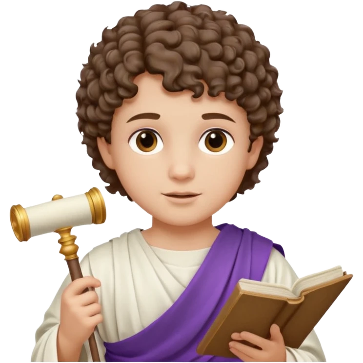 An emoji portrait of a young Roman patrician. He wears a white toga with a purple border. He has short curly hair and a dignified expression, holding a small scroll. emoji