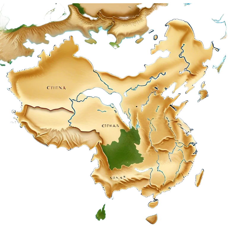 Cinematic-realistic outline of china, featuring its distinct landmass with accurately defined coastlines. The deep blue ocean surrounds the golden-brown continent, with subtle topographic shading to highlight its terrain. A soft glowing effect enhances the edges, making the shape stand out against a neutral, textured background. emoji