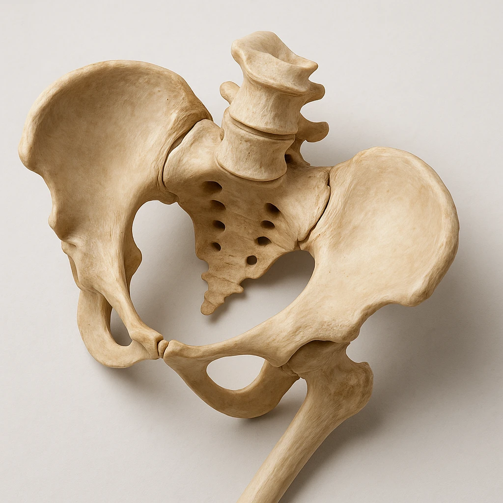 realistic human pelvis tilted, 4K image, anatomical details, evident tilt, top view, clinical atmosphere, light background emoji