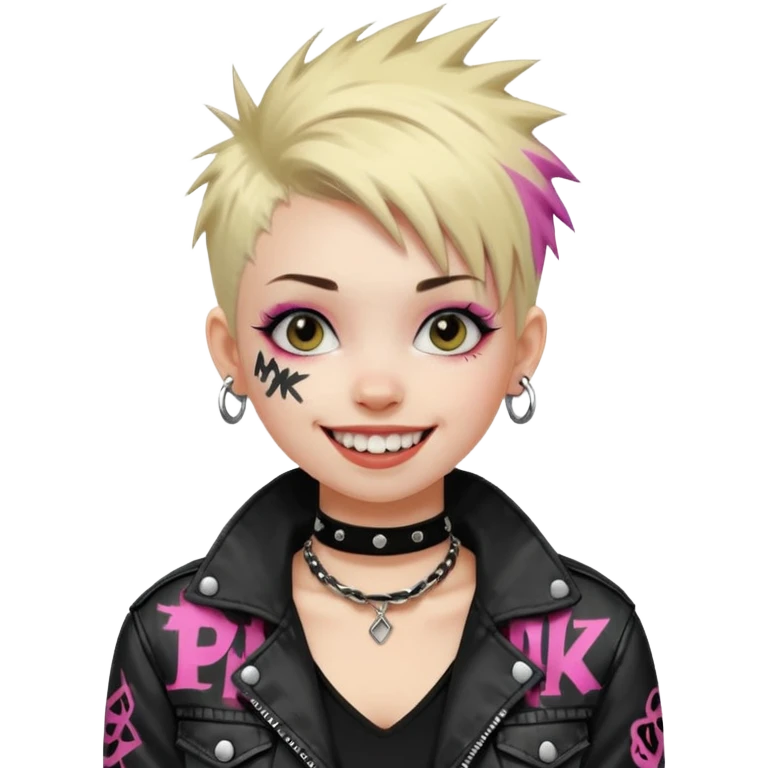 a punk girl with short dyed hair and wear a punk graffiti jacket with black choker grin playfully  emoji