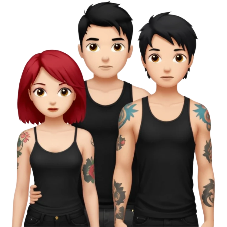 generate a fair boy with messy black hair, tattoos. standing beside a fair black haired girl wearing a black cami top and a tan girl with red hair emoji