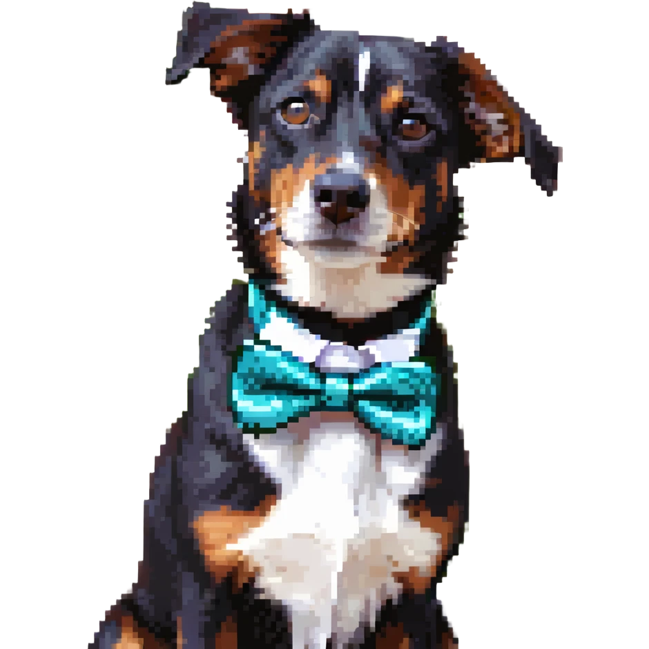 Add a glittery bow tie to the dog while keeping the cigarette. Style is pixel art with transparent background. Keep the background transparent. emoji