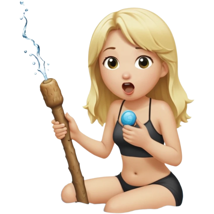 blond woman sitting on her knees, eating a wide stick with a half-round D-shaped knob, both the stick and knob are the same color as her skin, the knob has visible skin texture, water stream squirting from the flat side of the knob into her open mouth, surprised expression emoji
