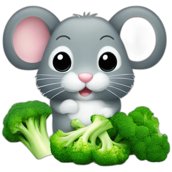 cute fluffy mouse beside plate with broccoli emoji