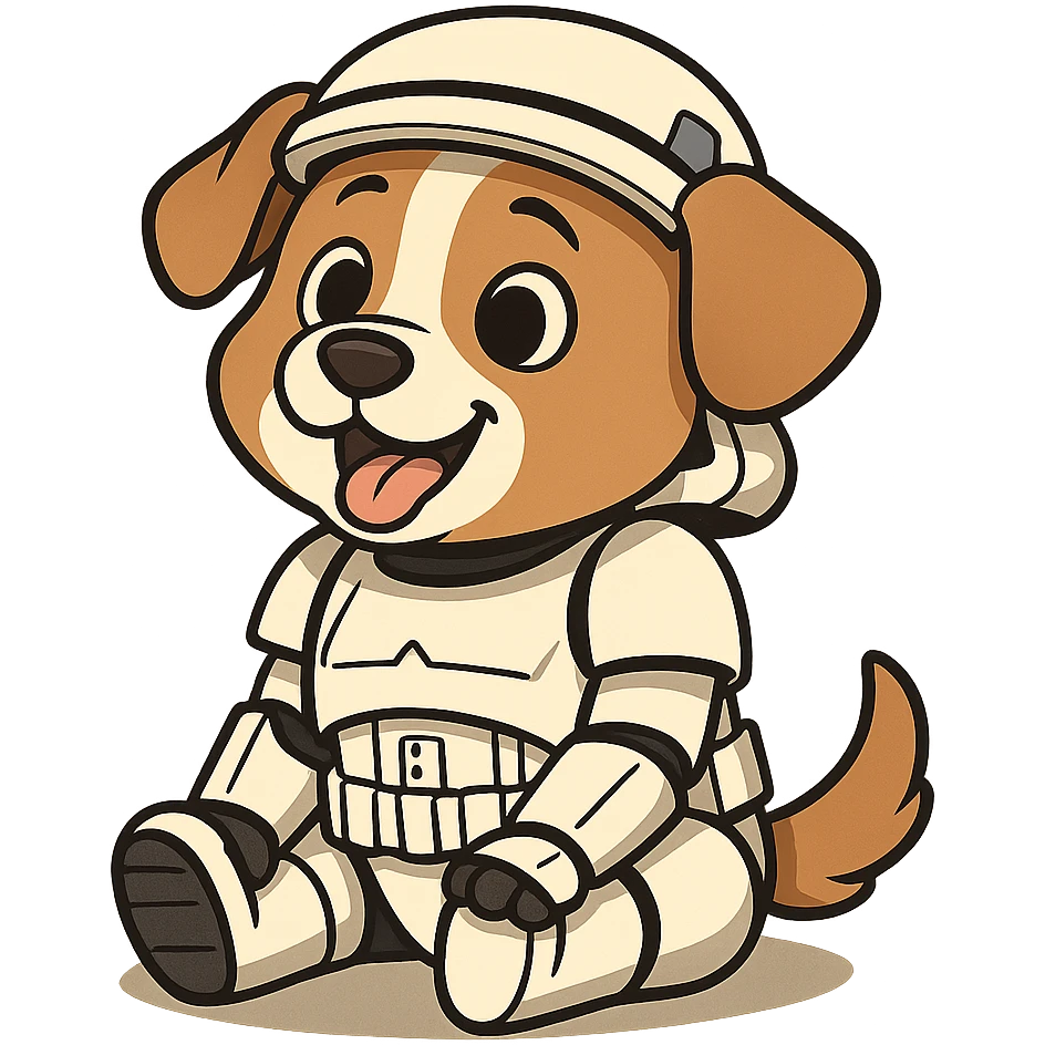 adorable puppy wearing a stormtrooper suit, sitting, cheerful expression, cartoon style emoji