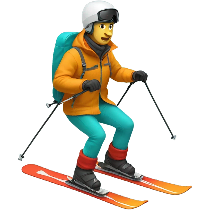 white man skiing full body wearing a dark yellow orange jacket and a red helmet and turquoise pants emoji