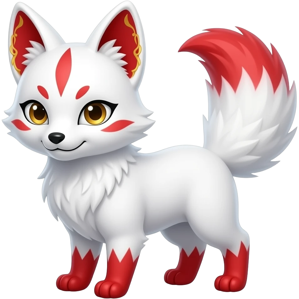 A pure white one-tailed kitsune (fox form,) with red accents, (two on each cheek, and a single one of its forehead,) red on the insides of its ears, (with gold markings inside of its ears,) pale golden eyes, no red on its paws and a red tail tip. emoji