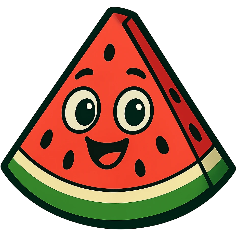 a smiling slice of watermelon with big eyes, vibrant toon style emoji