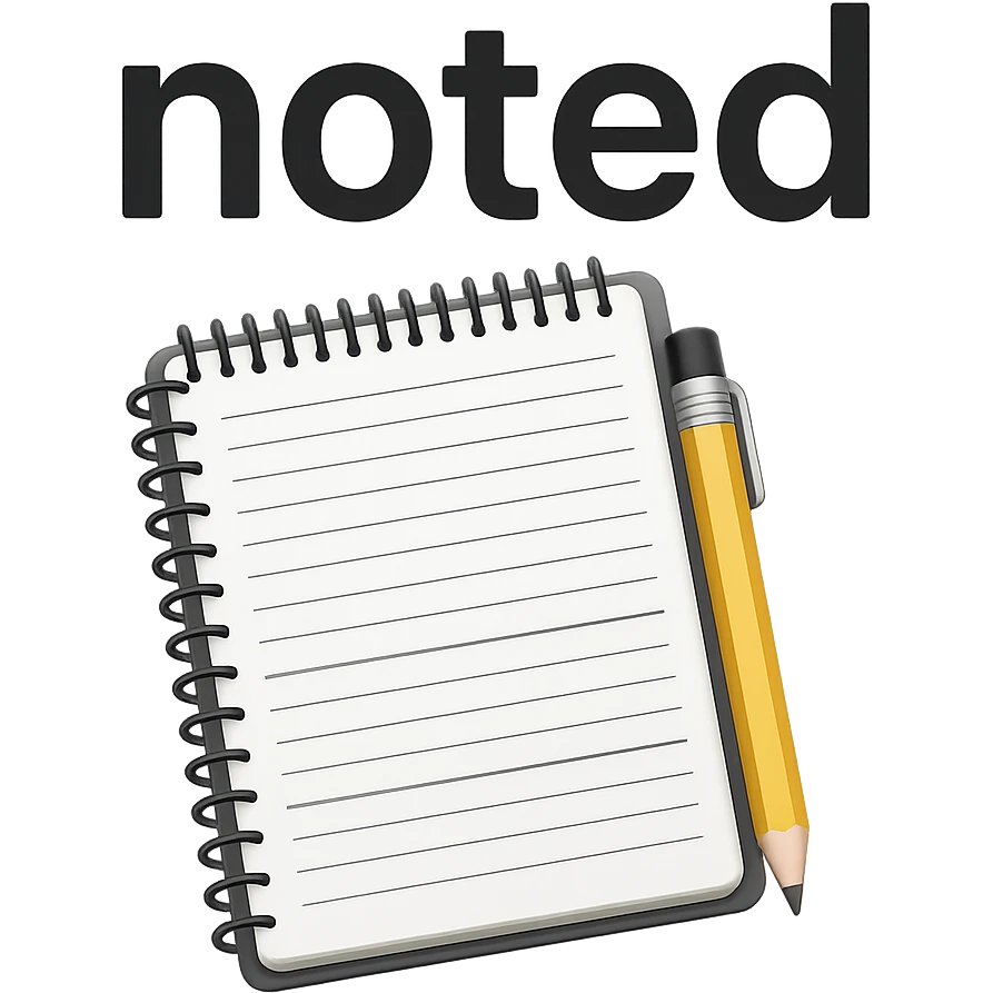 Add the word 'noted' in a clear, simple font integrated with the apple style emoji. Keep the apple emoji style look and ensure no background (transparent). emoji