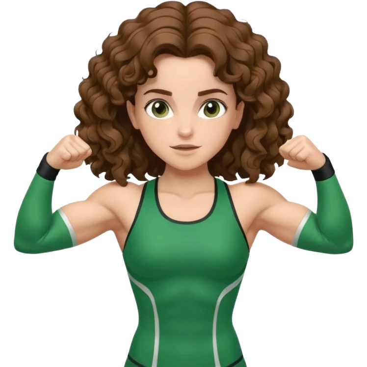 flexing muscles, big biceps, muscled torso, very beautiful italian girl, looking like Emma Watson, with curly and big volume very bright brown hair, dressed in a beautiful green sports costume emoji