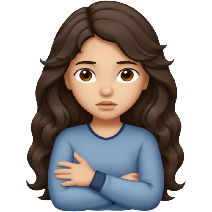 Hispanic light tan girl with long dark wavy hair crossing her arms under arm pit and slightly pouting emoji