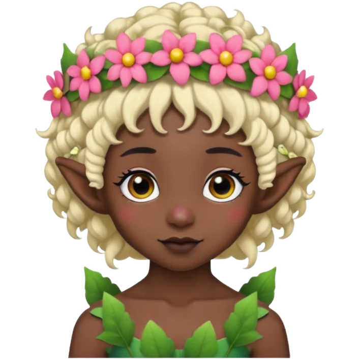 tiny Elf with Flower Crown, curley hair, black emoji