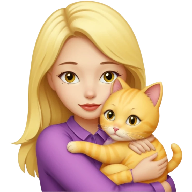 Sarışın elinde kedi olan ve hafif ruj ve rimel sürmüş sarı kedisine sarılan bir kız emoji