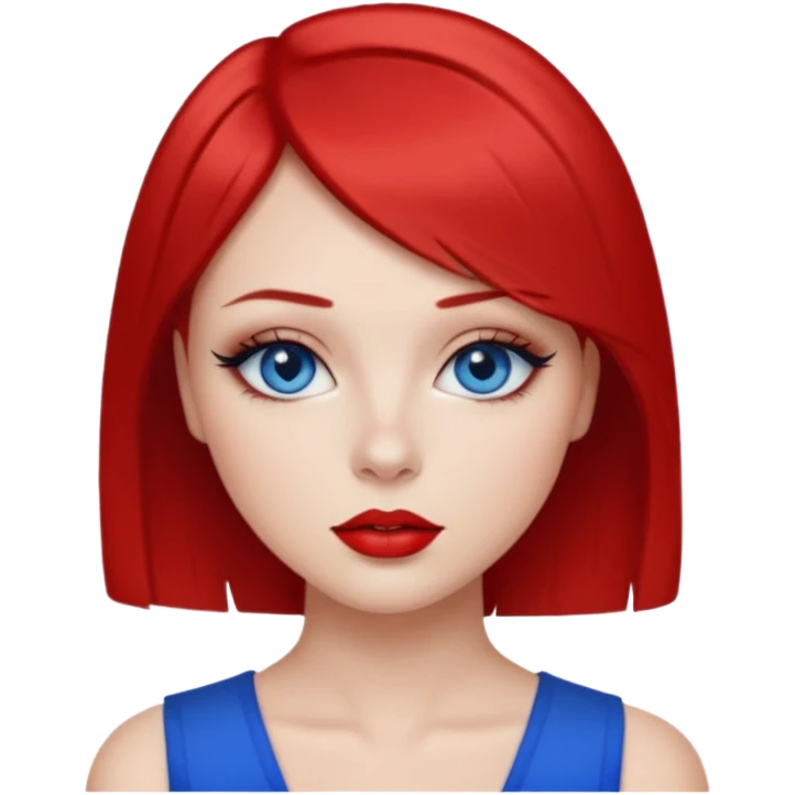 una chica con los labios y los ojos maquillados, de piel blanca con el pelo liso corto pelirrojo y ojos celeste emoji
