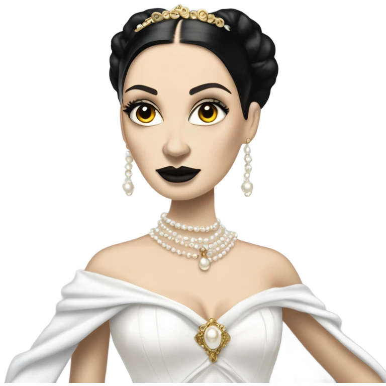Tall realistic face teen Morticia Addams as Princess Leia in ruffled white-pearl ballet ball gown with gold accents and accessories  emoji