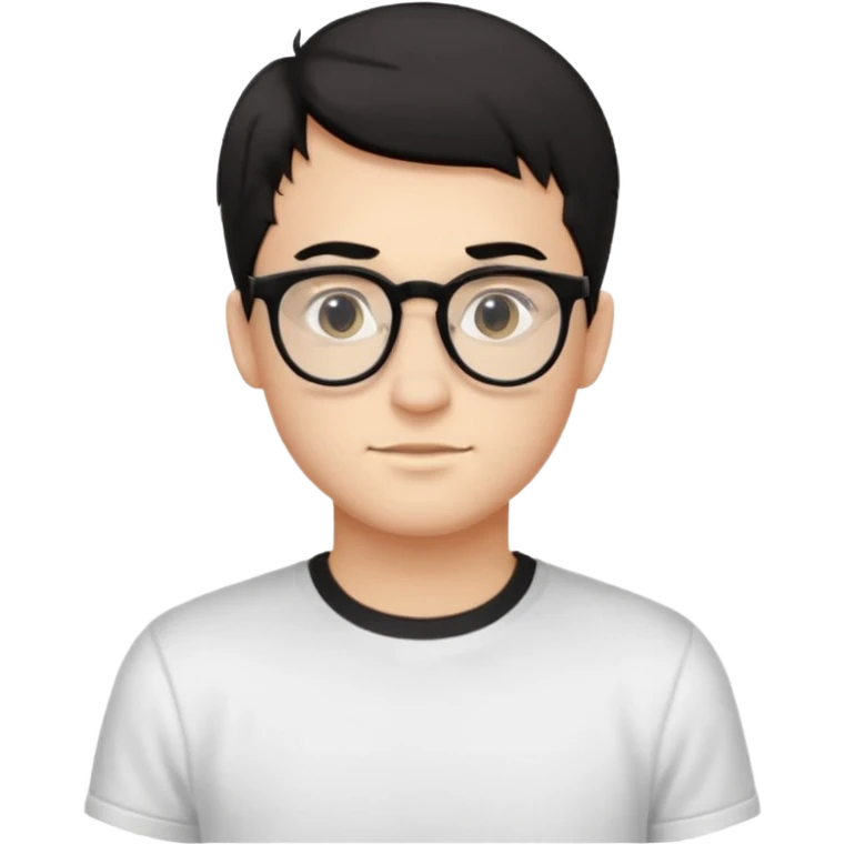 Style anchor + Young adult male American, light-medium skin, short black hair, white crew-neck tee, thin black-rim glasses, friendly neutral. emoji