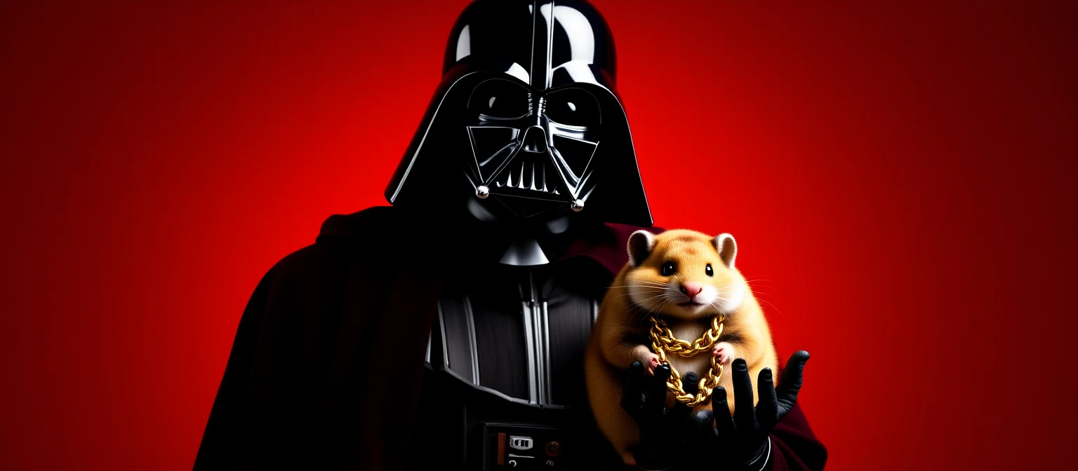 Extreme Closeup Photo of a darth vader holding big hamster with golden chain, low key light, red solid background with leading lines, back light, spot light emoji