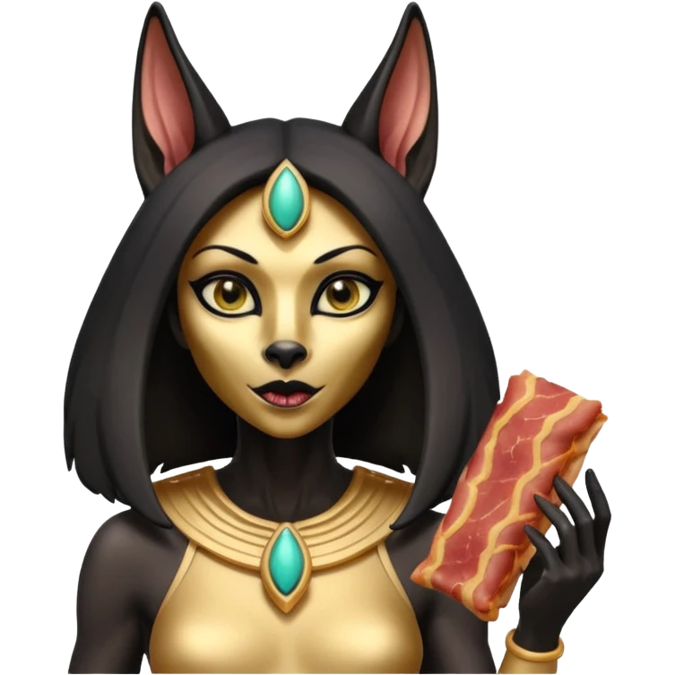  mean Short-eared Black fur beautiful female alien anubis statue posed biting on store-brand bacon packaging  emoji