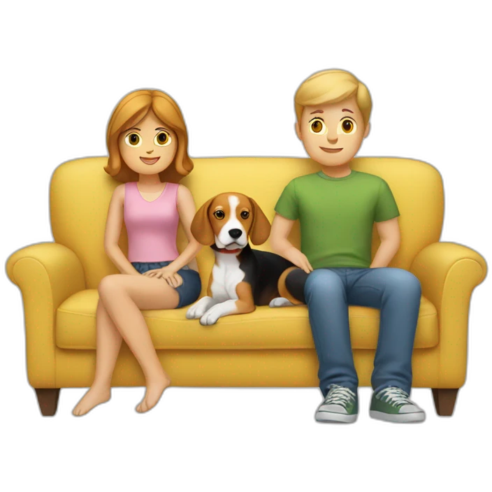 White boy and girl with beagle Sit on couch emoji
