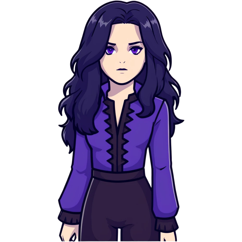 Yennefer from Witcher with long black hair, violet eyes, pale skin, wearing black clothes emoji