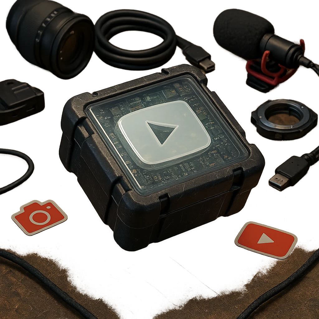 white YouTube play button inside a scratched black toolbox-like case, surrounded by video production gear, camera parts, stickers, cables, real-life artist studio, casual lighting, grounded and textured environment emoji