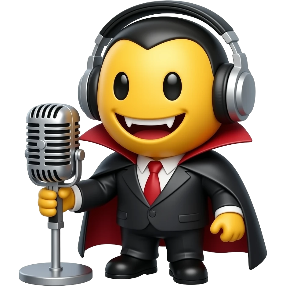 Vampire yellow smiley face with headphones and a standing desk microphone emoji