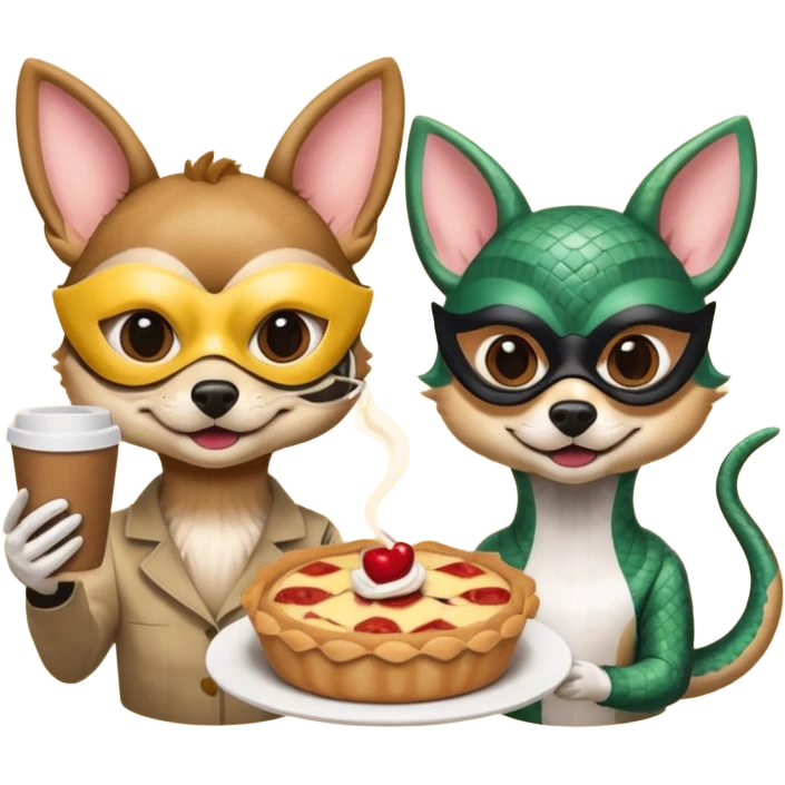 Coffee and quiche as a gift to a snake and a chihuahua, both wearing masks emoji