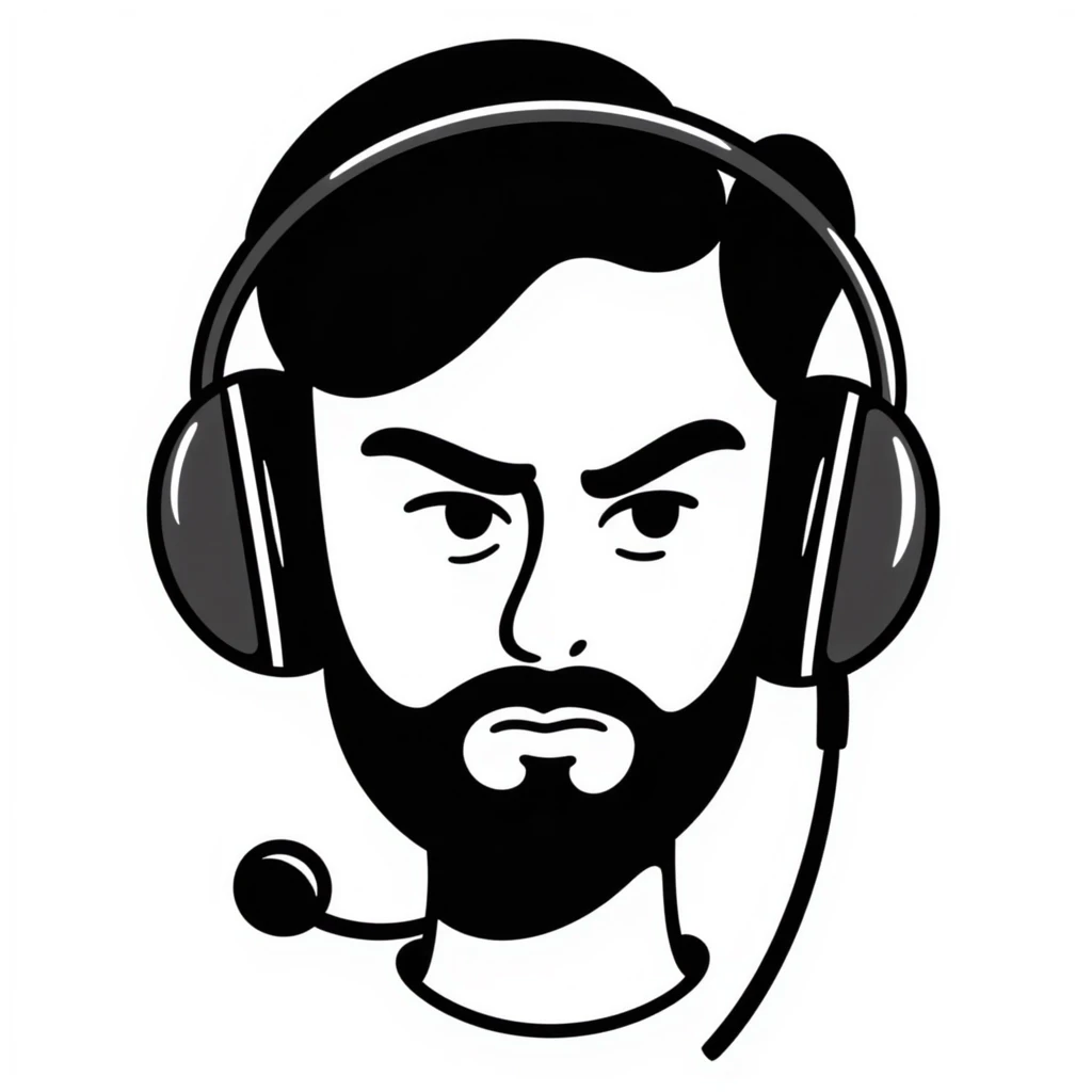 Serious face of a man with black hair, brown eyes, black beard, wearing a gaming headset emoji