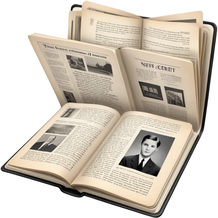 Icon for Non-Fiction & Narrative Reading: an open book with historical facts and narrative text on the pages, featuring black-and-white photos, news clippings, and an open folder with top-secret documents. Transparent background. emoji