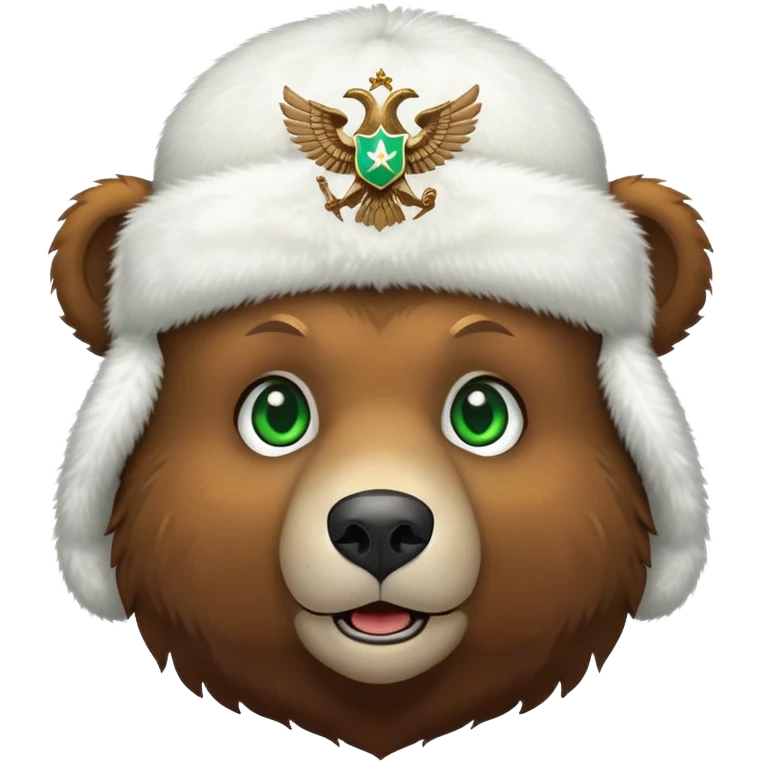 Cute brown bear face with bright green eyes wearing white fluffy ushanka hat with detailed Russian double-headed eagle emblem clearly visible in center, iOS emoji style emoji