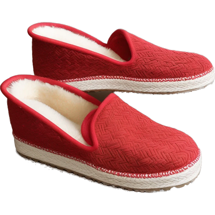 Camel colored low cut slip-on slippers. Very thin red woven zig-zag trim on the cuff. a red small heel pull tab, and a thick platform sole. UGG” emoji
