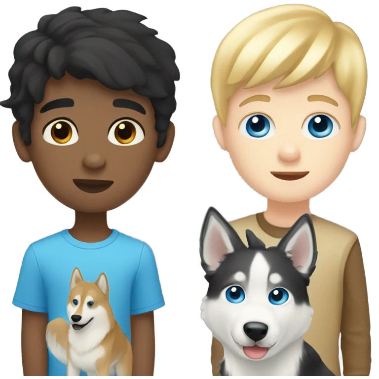 Black hair Pale skin boy, blond hair pale skin boy and a one golden Husky with blue eyes emoji