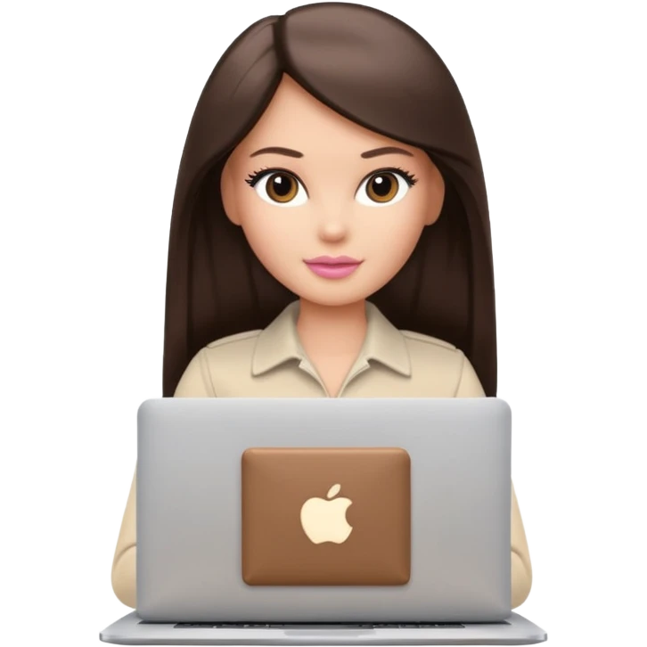 Barbie girl with a long straight dark brown hair inside a pale beige clothes working MacBook  emoji