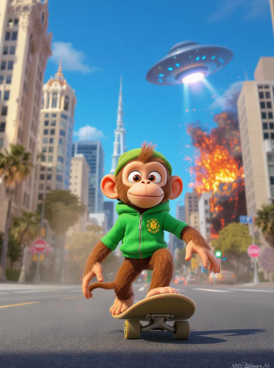 Disney style Cinematic still scane, Low angle shot, monkey dress in green outfit, monkey ride on skateboard, san francisno downtown with city lanscape, ufo destroying city in background, blue clean sky, captured by ARRI Alexa XT, soft cinematic lightning, back light, inspired by ToyStory 4 emoji